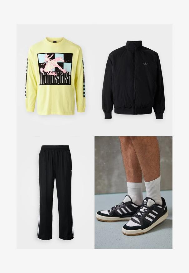 Black zipped jacket with high collar, made of lightweight material. Features elastic cuffs and waistband, with a small logo on the upper left.; Long-sleeve, bright yellow cotton t-shirt features a large black graphic with a pink cowboy on a horse and checkerboard patterns on the sleeves.; Black athletic pants with an elastic waistband, featuring white side stripes and a small logo. Material appears soft and lightweight.; Black and white sneakers with a suede and leather upper, featuring three white stripes, a perforated toe, and a gum rubber sole.