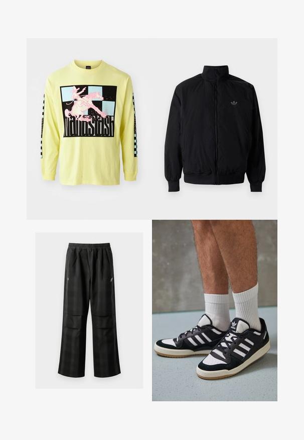 Giacca nera con zip e colletto alto, realizzata in materiale leggero. Presenta polsini e vita elastici, con un piccolo logo in alto a sinistra.; Maglietta a maniche lunghe in cotone giallo brillante con una grande grafica nera che raffigura un cow-boy rosa su un cavallo e motivi a scacchi sulle maniche.; Pantaloni a quadri neri con vita elasticizzata, due tasche frontali e una vestibilità ampia con design a gamba dritta. Realizzati in materiale leggero.; Sneaker bianco e nero con tomaia in suede e pelle, caratterizzati da tre strisce bianche, punta perforata e suola in gomma naturale.