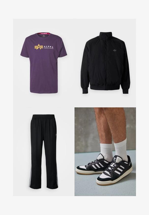 Schwarze Jacke mit Reißverschluss und hohem Kragen, aus leichtem Material gefertigt. Verfügt über elastische Bündchen und einen elastischen Saum, mit einem kleinen Logo oben links.; Lila Baumwoll-T-Shirt mit einem gelben "A"-Logo und dem Text "ALPHA INDUSTRIES" in Weiß. Mit kurzen Ärmeln und rundem Halsausschnitt.; Schwarze Sporthosen mit elastischem Bund, ausgestattet mit weißen Seitenstreifen und einem kleinen Logo. Das Material wirkt weich und leicht.; Schwarz-weiße Sneaker mit einem Obermaterial aus Wildleder und Leder, ausgestattet mit drei weißen Streifen, einer perforierten Zehenpartie und einer Sohle aus Gummi.
