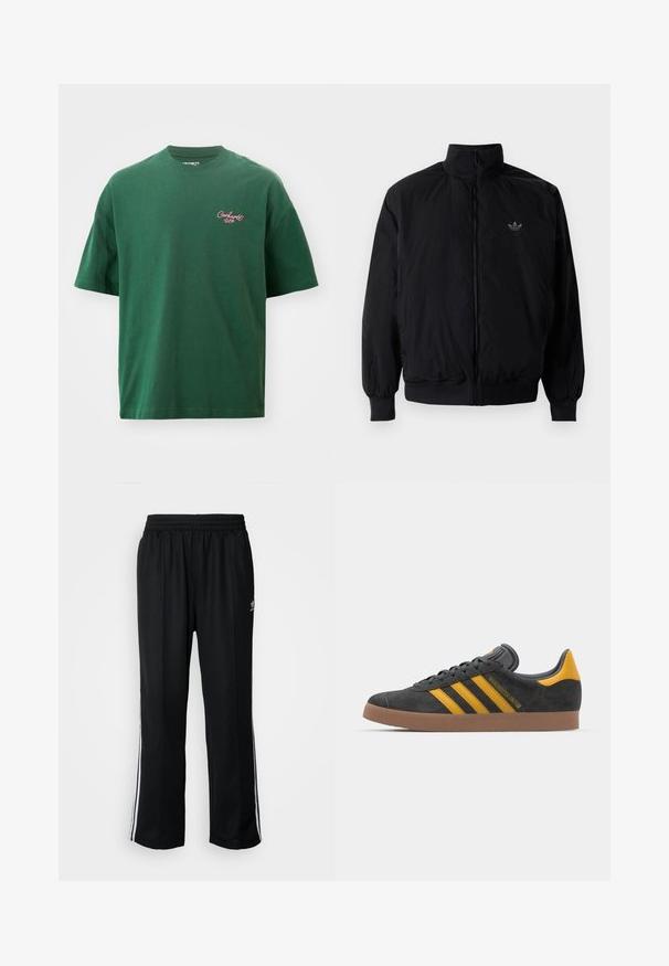 Black zipped jacket with high collar, made of lightweight material. Features elastic cuffs and waistband, with a small logo on the upper left.; Green short-sleeve t-shirt made of cotton. Features a round neckline and small pink "Carhartt WIP" logo on the left chest.; Black athletic pants with an elastic waistband, featuring white side stripes and a small logo. Material appears soft and lightweight.; Black suede sneaker with yellow accents, featuring three stripes and a brown rubber sole. Includes a padded tongue for comfort.