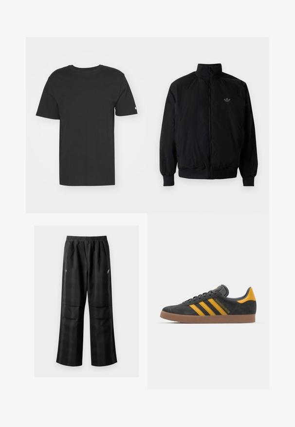 Musta vetoketjullinen takki, jossa on korkea kaulus, valmistettu kevyestä materiaalista. Varustettu joustavilla hihoilla ja vyötäröllä, ja ylävasemmalla on pieni logo.; Mustat T-paita, joka on valmistettu pehmeästä puuvillasta ja jossa on lyhyet hihat sekä pyöreä kaula-aukko. Yksinkertainen muotoilu, jossa on pieni logo vasemmassa hihassa.; Mustat ruudulliset housut, joissa on joustava vyötärö, kaksi etutaskua ja rento istuvuus suoralla lahkeella. Valmistettu kevyestä materiaalista.; Mustat samettiset tennarit, joissa on keltaisia yksityiskohtia, kolmonen raita ja ruskea kumipohja. Sisältää pehmustetun kielisen mukavuutta varten.