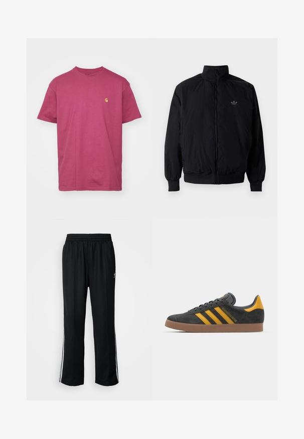 Crna jakna na zip s visokim ovratnikom, izrađena od laganog materijala. Ima elastične manžete i pojas, s malim logotipom na gornjem lijevom dijelu.; Carhartt WIP CHASE - Osnovna majica kratkih rukava - dusty fuchsia/gold; Crne sportske hlače s elastičnom trakom oko struka, s bijelim bočnim prugama i malim logotipom. Materijal izgleda mekan i lagan.; Crne nubuk tenisice s žutim detaljima, sa tri pruge i smešnim gumenim potplatom. Imaju jastučić na jeziku za udobnost.
