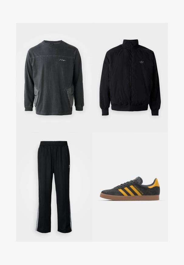 Sort lynlåsjakke med høj krave, fremstillet af letvægtsmateriale. Har elastiske manchetter og talje, med et lille logo på øverste venstre side.; Sort langærmet skjorte med rund hals. Har to sidelommer og et bjergmotiv på brystet. Fremstillet af blødt bomuldsstof.; Sorte træningsbukser med elastisk talje, der har hvide sidestænger og et lille logo. Materialet ser blødt og let ud.; Sort suedet sneaker med gule accenter, der har tre striber og en brun gummisål. Inkluderer en polstret tunge for komfort.