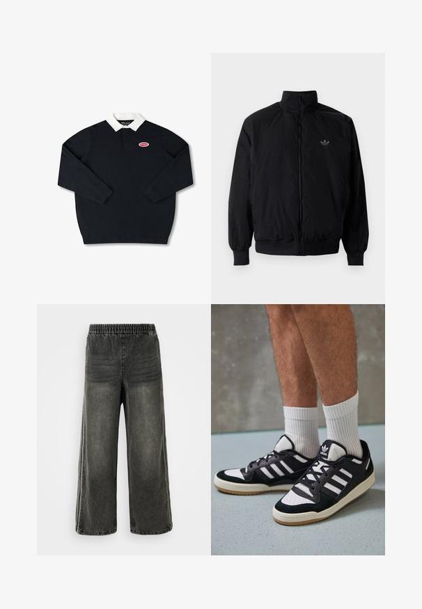 Czarna kurtka zapinana na zamek z wysokim kołnierzem, wykonana z lekkiego materiału. Posiada elastyczne mankiety i pas, oraz małe logo na górnej lewej stronie.; Czarna koszulka polo z długim rękawem i białym kołnierzykiem, z czerwonym haftowanym logo po lewej stronie. Wykonana z bawełny o gładkiej teksturze.; Czarne spodnie dżinsowe z efektem przetarcia, z elastycznym pasem i szerokimi nogawkami, z delikatnymi pionowymi szwami po bokach.; Czarno-białe sneakersy z zamszową i skórzaną cholewką, z trzema białymi paskami, perforowanym czubkiem i gumową podeszwą w kolorze gumy.