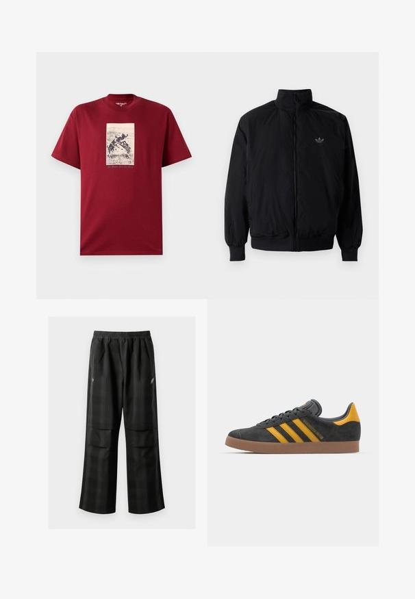 Zwarte geluiting jack met hoge kraag, gemaakt van lichtgewicht materiaal. Voorzien van elastische manchetten en tailleband, met een klein logo op de linkerbovenkant.; Bordeaux katoenen T-shirt met een zwart-wit grafische print van speelse honden en de tekst "All Work And No Play" eronder. Korte mouwen.; Zwarte geruite broek met een elastische tailleband, twee voorzakken en een losse pasvorm met een rechte pijpdesign. Gemaakt van lichtgewicht materiaal.; Zwarte suède sneakers met gele accenten, voorzien van drie strepen en een bruine rubberen zool. Inclusief een gevoerde tong voor comfort.