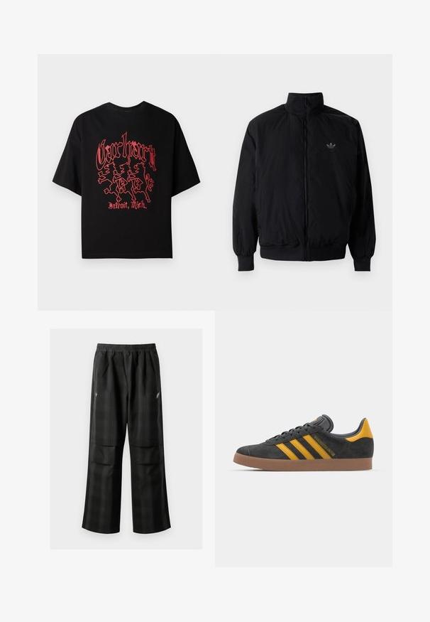 Black zipped jacket with high collar, made of lightweight material. Features elastic cuffs and waistband, with a small logo on the upper left.; Black short-sleeve t-shirt made of cotton, featuring a bold red graphic with three lion figures and the text "Carhartt, Detroit, Mich."; Black plaid pants featuring an elastic waistband, two front pockets, and a loose fit with a straight leg design. Made from lightweight material.; Black suede sneaker with yellow accents, featuring three stripes and a brown rubber sole. Includes a padded tongue for comfort.