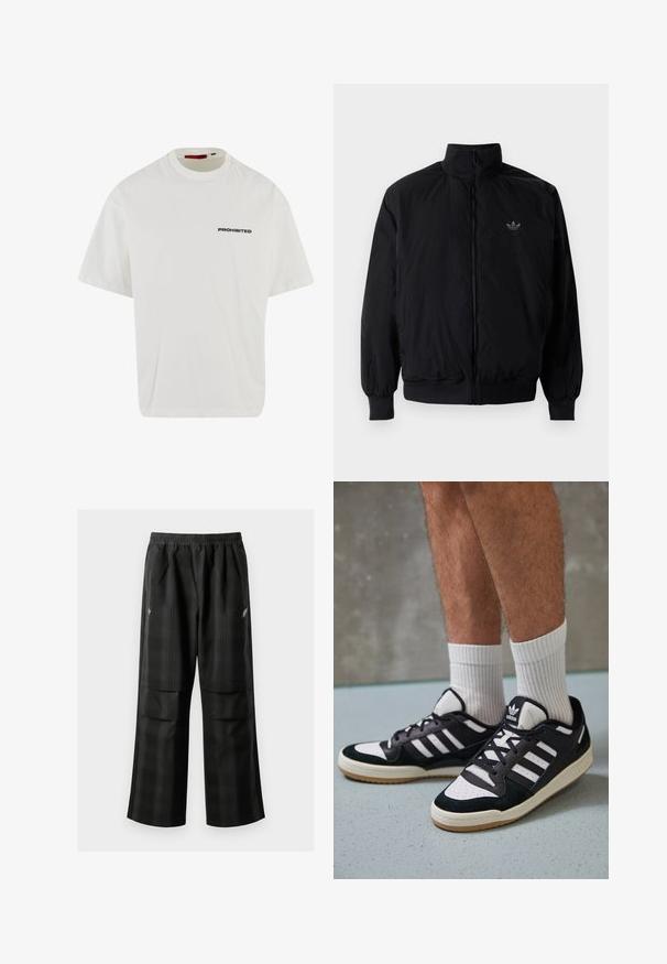 Musta vetoketjullinen takki, jossa on korkea kaulus, valmistettu kevyestä materiaalista. Varustettu joustavilla hihoilla ja vyötäröllä, ja ylävasemmalla on pieni logo.; Valkoinen puuvillapaita lyhyillä hihoilla ja löysällä istuvuudella. Rintakehässä on paksulla mustalla tekstillä "KIELLETTY". Pyöreä kaulusuunnittelu.; Mustat ruudulliset housut, joissa on joustava vyötärö, kaksi etutaskua ja rento istuvuus suoralla lahkeella. Valmistettu kevyestä materiaalista.; Valkoiset ja mustat tennarit, joissa on mokkanahka- ja nahkapäällinen, kolme valkoista raitaa, rei'itetty kärki ja kumipohja.