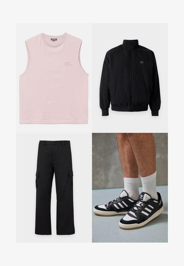 Svart zipjacka med hög krage, tillverkad av lätt material. Har elastiska cuffar och midja, med en liten logo på övre vänster.; Ljusrosa ärmlös t-shirt i mjuk bomull. Har en rundad halsringning och subtilt präglad logotypdetalj på framsidan. Slät textur.; Svarta cargobyxor med rak bendesign. Tillverkade av slitstarkt tyg, med två sidofickor med klaffstängningar och knappgylf.; Svartvita sneakers med ovandel i mocka och läder, med tre vita ränder, perforerad tå och sula av gummigummi.