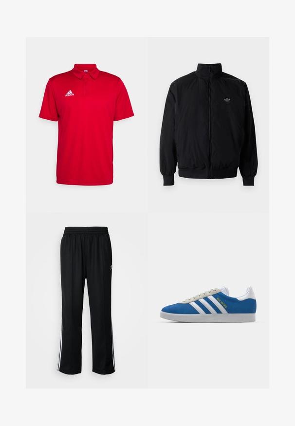 Schwarze Jacke mit Reißverschluss und hohem Kragen, aus leichtem Material gefertigt. Verfügt über elastische Bündchen und einen elastischen Saum, mit einem kleinen Logo oben links.; Rotes Polohemd aus atmungsaktivem Material. Mit Kragen, kurzen Ärmeln und einem weißen Adidas-Logo auf der linken Brust.; Schwarze Sporthosen mit elastischem Bund, ausgestattet mit weißen Seitenstreifen und einem kleinen Logo. Das Material wirkt weich und leicht.; adidas Originals ADIDAS GAZELLE SHOES - Indoor-Fußballschuhe - real madrid/bluebird/footwear white/crew yellow