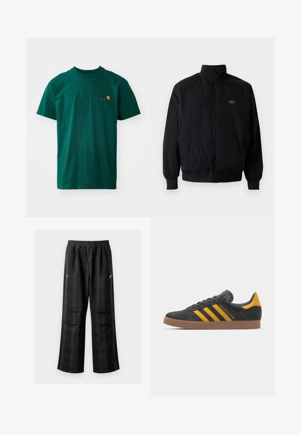 Black zipped jacket with high collar, made of lightweight material. Features elastic cuffs and waistband, with a small logo on the upper left.; Green cotton t-shirt with a crew neckline and short sleeves. Features a small, contrasting logo in orange and red on the left chest.; Black plaid pants featuring an elastic waistband, two front pockets, and a loose fit with a straight leg design. Made from lightweight material.; Black suede sneaker with yellow accents, featuring three stripes and a brown rubber sole. Includes a padded tongue for comfort.