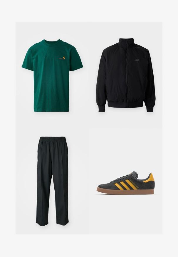 Giacca nera con zip e colletto alto, realizzata in materiale leggero. Presenta polsini e vita elastici, con un piccolo logo in alto a sinistra.; T-shirt in cotone verde con scollatura rotonda e maniche corte. Presenta un piccolo logo a contrasto in arancione e rosso sul lato sinistro del petto.; Pantaloni sportivi neri con vita elastica, realizzati in tessuto liscio, con cuciture laterali sottili e un fit rilassato, design a gamba dritta.; Sneaker in suede nero con dettagli gialli, dotato di tre strisce e una suola in gomma marrone. Include una linguetta imbottita per il comfort.