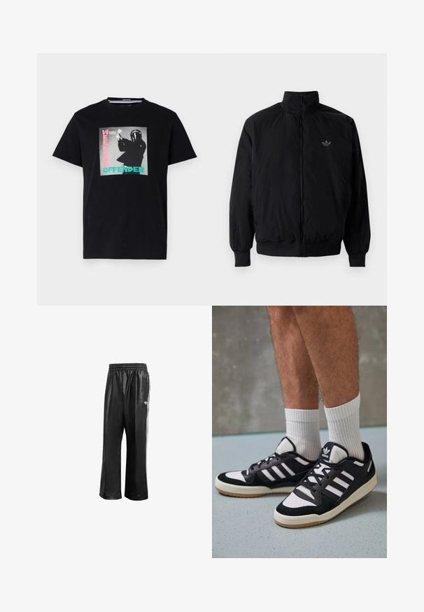 Musta vetoketjullinen takki, jossa on korkea kaulus, valmistettu kevyestä materiaalista. Varustettu joustavilla hihoilla ja vyötäröllä, ja ylävasemmalla on pieni logo.; Mustat puuvillapaitat, joissa on graafinen printti tekstillä "WEEKEND OFFENDER" ja "London Calling", korostettuna turkoosilla ja vaaleanpunaisella.; Mustat synteettiset juoksuhousut, joissa on joustava vyötärö, valkoiset sivusuunnassa olevat raidat ja pieni valkoinen logo vasemmassa lantiossa.; Valkoiset ja mustat tennarit, joissa on mokkanahka- ja nahkapäällinen, kolme valkoista raitaa, rei'itetty kärki ja kumipohja.