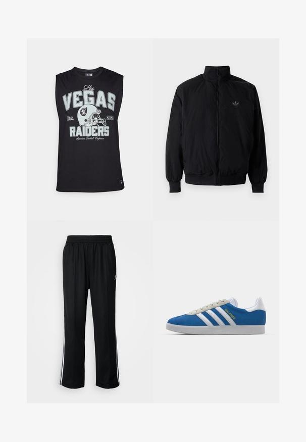 Čierna zips kombinéza s vysokým golierom, vyrobená z ľahkého materiálu. Obsahuje elastické manžety a pás, s malým logom na hornej ľavej strane.; Čierne bezrukávové tričko z bavlny s grafikou "Las Vegas Raiders", dizajnom futbalovej prilby a rokom založenia: 2021.; Čierne športové nohavice s elastickým pásom, s bielymi bočnými prúžkami a malým logom. Materiál vyzerá byť mäkký a ľahký.; adidas Originals ADIDAS GAZELLE SHOES - Halové kopačky - real madrid/bluebird/footwear white/crew yellow