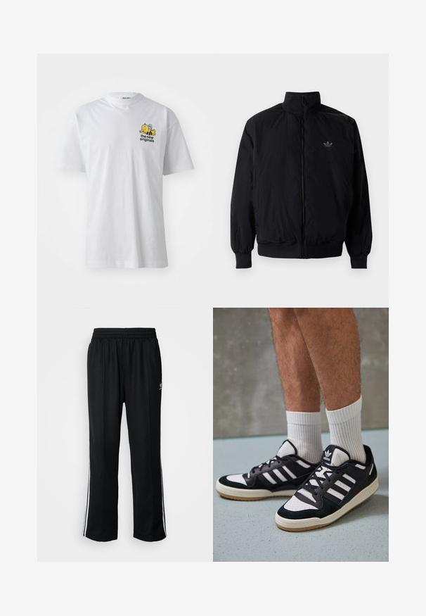 Black zipped jacket with high collar, made of lightweight material. Features elastic cuffs and waistband, with a small logo on the upper left.; White cotton t-shirt featuring a short sleeve design, round neckline, and a colorful embroidered graphic of a bee and text on the chest.; Black athletic pants with an elastic waistband, featuring white side stripes and a small logo. Material appears soft and lightweight.; Black and white sneakers with a suede and leather upper, featuring three white stripes, a perforated toe, and a gum rubber sole.