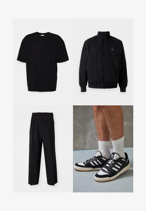 Black zipped jacket with high collar, made of lightweight material. Features elastic cuffs and waistband, with a small logo on the upper left.; Black cotton t-shirt with short sleeves, round neckline, relaxed fit, and no visible patterns or detailing. Smooth texture.; Black pleated trousers with a straight, wide-leg design. Made from smooth fabric, featuring a button closure and belt loops.; Black and white sneakers with a suede and leather upper, featuring three white stripes, a perforated toe, and a gum rubber sole.