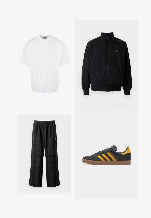 Black zipped jacket with high collar, made of lightweight material. Features elastic cuffs and waistband, with a small logo on the upper left.; White cotton t-shirt with a relaxed fit, short sleeves, and a round neckline, featuring a straight hem and no visible graphics or patterns.; Black plaid pants featuring an elastic waistband, two front pockets, and a loose fit with a straight leg design. Made from lightweight material.; Black suede sneaker with yellow accents, featuring three stripes and a brown rubber sole. Includes a padded tongue for comfort.