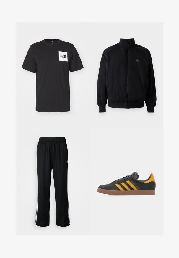 Crna jakna na zip s visokim ovratnikom, izrađena od laganog materijala. Ima elastične manžete i pojas, s malim logotipom na gornjem lijevom dijelu.; Crna pamučna majica kratkih rukava, okruglog izreza, s bijelim kvadratnim logotipom na prsima koji sadrži tekst "The North Face" i zakrivljeni dizajn.; Crne sportske hlače s elastičnom trakom oko struka, s bijelim bočnim prugama i malim logotipom. Materijal izgleda mekan i lagan.; Crne nubuk tenisice s žutim detaljima, sa tri pruge i smešnim gumenim potplatom. Imaju jastučić na jeziku za udobnost.