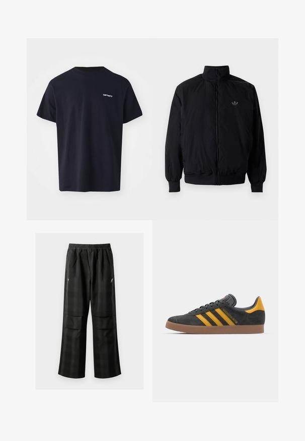 Crna jakna na zip s visokim ovratnikom, izrađena od laganog materijala. Ima elastične manžete i pojas, s malim logotipom na gornjem lijevom dijelu.; Crna pamučna majica s kratkim rukavima, okruglim izrezom i suptilnim bijelim logotom na lijevoj strani prsnog područja. Glatka tekstura, standardni kroj.; Crne karirane hlače s elastičnom urezom, dva prednja džepa i ležernim krojem s ravnim nogavicama. Izrađene su od laganog materijala.; Crne nubuk tenisice s žutim detaljima, sa tri pruge i smešnim gumenim potplatom. Imaju jastučić na jeziku za udobnost.