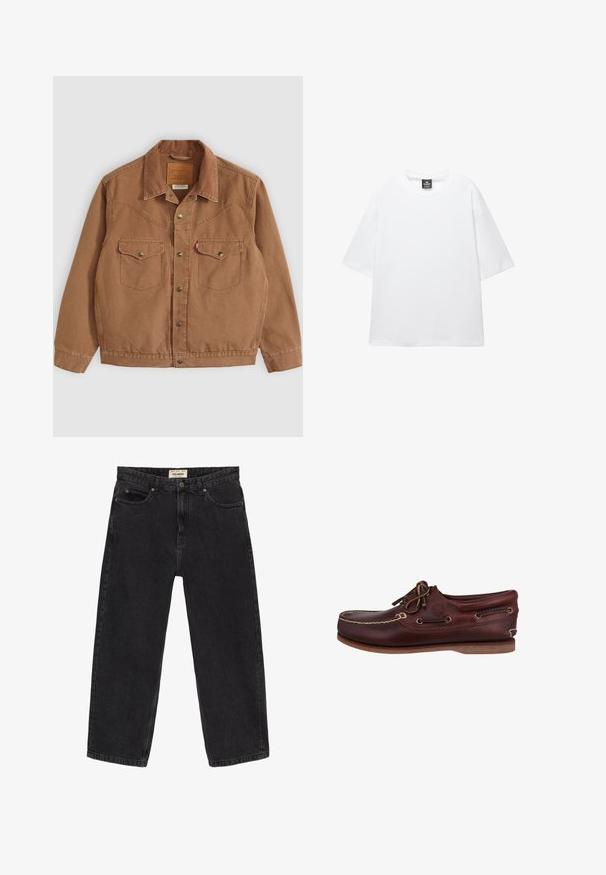 Braune Cordjacke mit Kragen, zwei Brusttaschen und Messingknöpfen. Mit Steppdetails an den Schultern und am Saum.; Weißes, übergroßes T-Shirt mit kurzen Ärmeln, Rundhalsausschnitt und weichem Baumwollstoff. Hat ein schwarzes Etikett am Hals. Keine Muster oder Akzente.; Schwarze Denim-Jeans mit einem lässigen Schnitt. Verfügt über fünf Taschen, einen Frontknopfverschluss und Nahtdetails. Leicht verwitterte Textur.; Braune Lederbootsschuhe mit rundem Zeh, kontrastierenden Nähten, Schnürsenkeldesign und Gummisohle für guten Halt. Timberland-Logo sichtbar.
