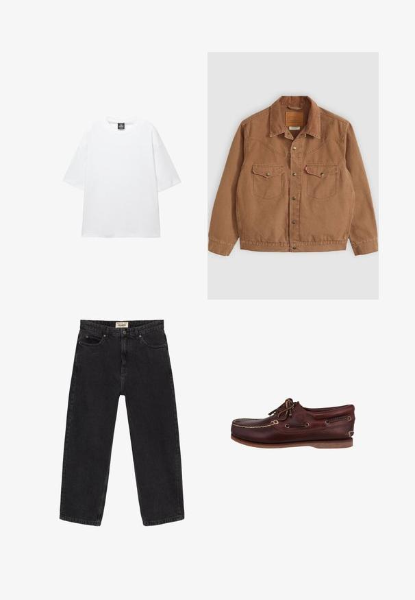 Giacca in velluto a coste marrone con colletto, due tasche sul petto e bottoni in ottone. Presenta dettagli di cucitura lungo le spalle e l'orlo.; T-shirt bianco oversize con maniche corte, scollo rotondo e tessuto di cotone morbido. Presenta un'etichetta nera al collo. Nessun motivo o accento.; Jeans in denim nero con una vestibilità rilassata. Presentano cinque tasche, una chiusura frontale con bottone e dettagli di cucitura. Texture leggermente sbiadita.; Scarpa da barca in pelle marrone con punta arrotondata, cuciture a contrasto, design con lacci e suola in gomma per una buona aderenza. Logo Timberland visibile.