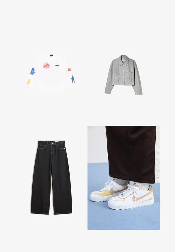 Gray cropped jacket made of soft fabric. Features a button-up front, pointed collar, and two front pockets with silver accents.; White long-sleeve sweatshirt featuring colorful graphic prints: a pink heart with flames, blue and red lips, blue star, and yellow lightning bolts.; Black wide-leg denim jeans with a high waist, five pockets, contrast stitching, and a button closure. Smooth texture with a classic cut.; White leather sneakers with gold accents, featuring a perforated toe, flat laces, and a thick rubber sole with the "AIR" logo on the side.