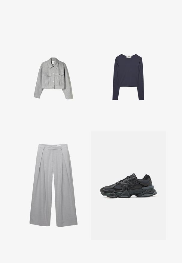Sivi skraćeni sakou od mekog materijala. Ima prednje dugme, šiljastu kragnu i dvije prednje džepove sa srebrnim detaljima.; Dugi rukav crop top u tamnoplavoj boji, izrađen od laganog materijala, s okruglim izrezom i glatkom, ravnom teksturom.; Svijetlo siva široka hlača, izrađena od teksturirane tkanine, s prednjim nabora, petljama za remen i krojenim strukom. Nema vidljivih kopčanja.; Crne trkačke tenisice izrađene od kombinacije mrežastih i sintetičkih materijala, s debelim potplatom, zakrivljenim dizajnom i istaknutim brendom sa strane.
