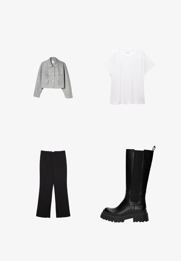 Harmaa lyhythihainen takki, joka on valmistettu pehmeästä kankaasta. Siinä on nappikiinnitys edessä, terävä kaulus ja kaksi etutaskua hopeisilla yksityiskohdilla.; Valkoinen T-paita, joka on valmistettu pehmeästä ja kevyestä kankaasta. Omistaa pyöreän kaula-aukon ja lyhyet, leveät hihat rentoa istuvuutta varten. Ei näkyviä kuvioita.; Mustat housut suoralinjaisella leikkauksella, joissa on etutaskut ja sivurei'ät helman alla. Valmistettu pehmeästä ja sileästä kankaasta. Sopii eri tilaisuuksiin.; Polvisteiset mustat nahkasaappaat, joissa on joustavat sivupaneelit, tukevat kumipohjat ja paksu kanta. Liukaspintainen, jossa on vain vähän ompelusaumoja.