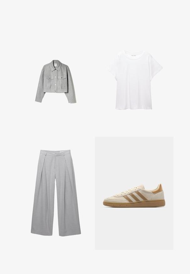 Gray cropped jacket made of soft fabric. Features a button-up front, pointed collar, and two front pockets with silver accents.; White T-shirt made of soft, lightweight fabric. Features a round neckline and short, wide sleeves with a relaxed fit. No visible patterns.; Light gray wide-leg trousers, made from textured fabric, featuring front pleats, belt loops, and a tailored waist. No visible closures.; Beige suede sneaker with light brown accents. Features three brown stripes, textured rubber sole, and a rounded toe design.