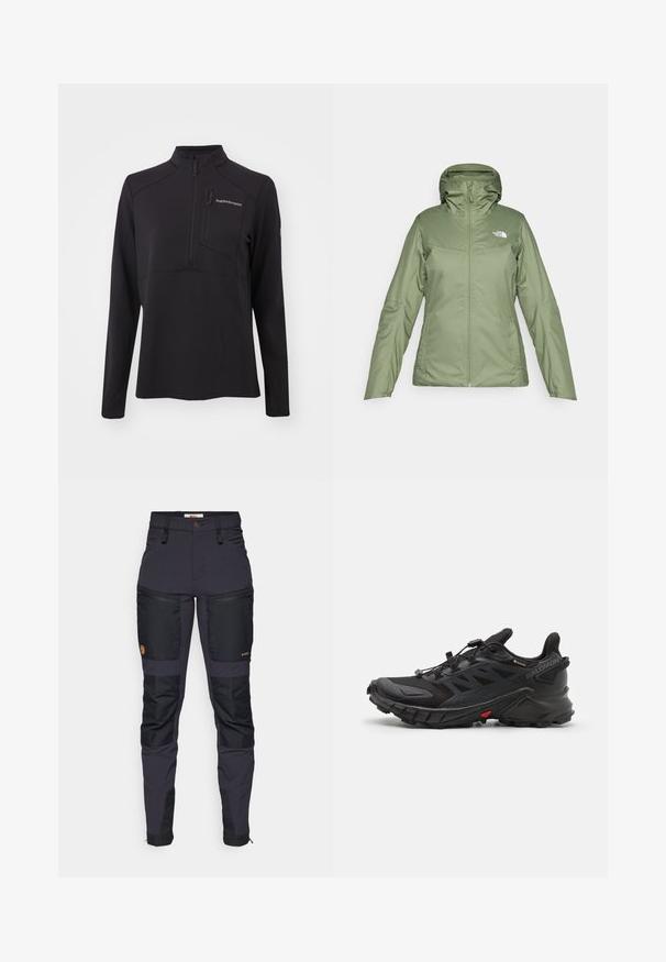 Grønn vanntett jakke med glidelås foran, justerbar hette og lommer. Glatt stoff med en lett glans. Har The North Face-logoen.; Svart langermet genser laget av teksturert materiale, med halv glidelås, høy krage og glidelåslomme på brystet. Merkevarelogo på fronten.; Mørkegrå bukser med svarte forsterkede lapper. Funksjoner inkluderer glidelåslommer, en tettsittende design og en slitesterk stofftekstur.; Svarte sportsko med en teksturert overdel, utstyrt med et sikkert snordsystem, en polstret såle og et fremtredende rødt accent på siden.