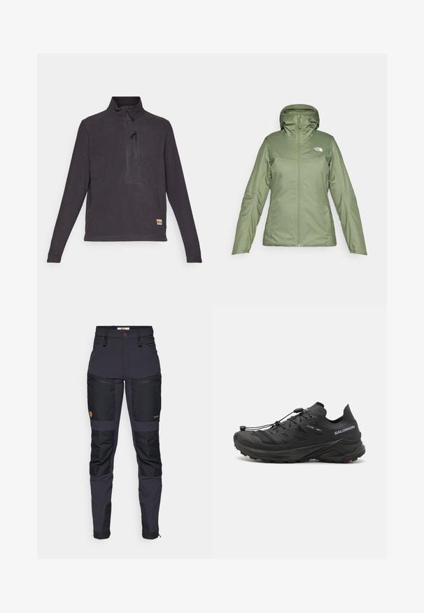Veste imperméable verte avec un zip à l'avant, capuche ajustable et poches. Tissu lisse avec un léger éclat. Présence du logo The North Face.; Pull à col montant en polaire gris foncé, à fermeture éclair quart de tour et avec une poche avant. Présente un petit patch logo en bas à droite. Texture lisse.; Pantalons gris foncé avec des patches renforcés noirs. Les caractéristiques incluent des poches zippées, un design ajusté et une texture de tissu durable.; Chaussures de trail running noires avec une tige texturée, des panneaux en maille et un système de fixation sécurisé. Présentent une semelle extérieure robuste pour une meilleure traction.