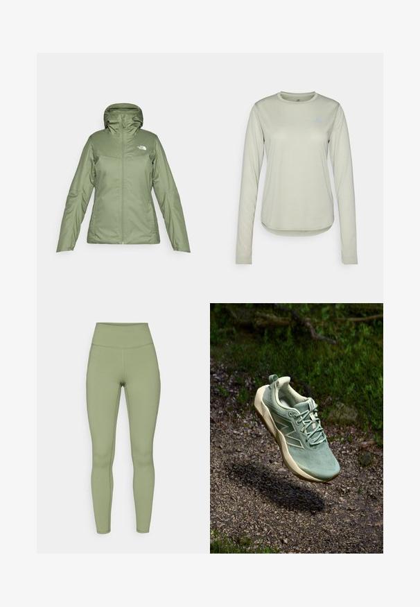 Green waterproof jacket with a zip front, adjustable hood, and pockets. Smooth fabric with a light sheen. Features The North Face logo.; Long-sleeve light green shirt made from textured fabric, featuring a round neckline and a small logo on the left chest area.; High-waisted leggings in olive green. Made of stretchy fabric with a smooth texture, featuring stitched seams along the legs.; Light green athletic shoe with textured upper, lace-up design, and beige sole. Features subtle branding and a padded collar.