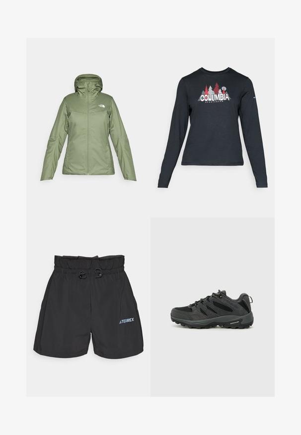 Zöld vízálló dzseki cipzárral elöl, állítható kapucnival és zsebekkel. Sima anyag, amelynek enyhe fényes felülete van. A The North Face logóval rendelkezik.; Hosszú ujjú, sötétszürke ing piros fákkal és hegyekkel díszítve; a "COLUMBIA" logó vastag fehér betűkkel. Puha anyag, klasszikus kerek nyakkivágás.; Fekete sportnadrág elasztikus derékkal, állítható húzózsinórral és kék "TERREX" logóval a jobb alsó elülső részen. Puha szövet textúra.; Columbia REDMOND - Túracipők - black/citron haze