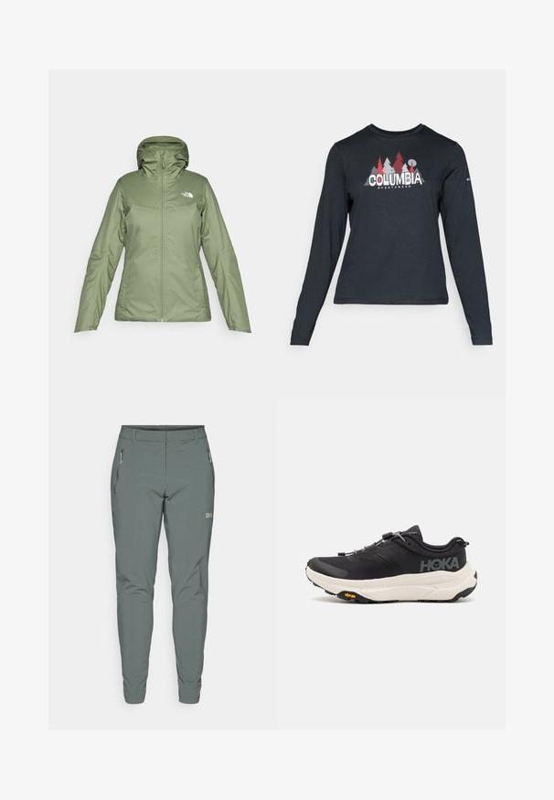 Zelena vodoodporna jakna s patentnim zatvaračem sprijeda, podesivom kapuljačom i džepovima. Gladka tkanina s blagim sjajem. Sadrži logotip The North Face.; Majica dugih rukava tamnosive boje s grafikom crvenih drveća i planina; logo "COLUMBIA" u podebljanom bijelom tekstu. Mekana tkanina, standardni okrugli izrez.; Sive hlače za van made od laganog, izdržljivog materijala. Imaju patentne bočne džepove i uski kroj sa suženim nogavicama.; Crne atletske cipele s prozračnom mrežicom na gornjem dijelu, gumenim potplatom, bijelim amortizirajućim srednjim dijelom i reflektirajućim vezicama. Vibram logo na potplatu.