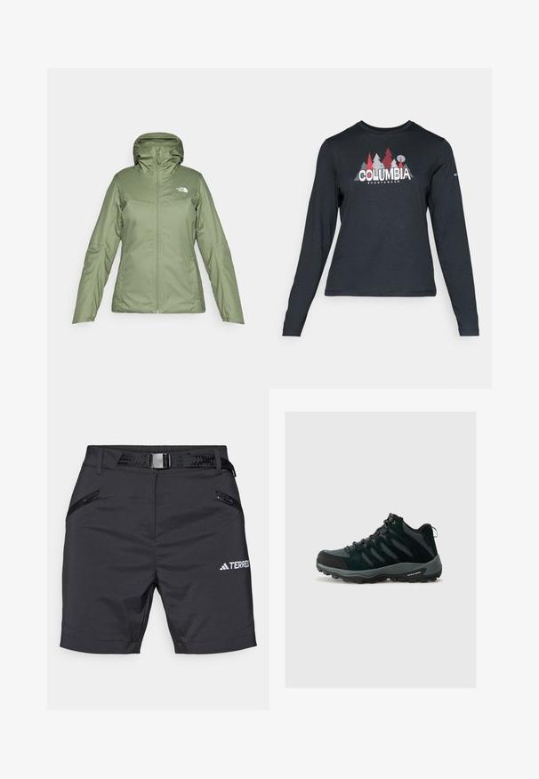 Žalia neperšlampama striukė su užtrauktuku priekyje, reguliuojamu kapišonu ir kišenėmis. Lygus audinys su lengvu blizgesiu. Ant jos yra "The North Face" logotipas.; Ilga rankovė tamsiai pilka marškinėliai su raudonų medžių ir kalnų grafika; drąsaus baltos spalvos teksto "COLUMBIA" logotipas. Minkšta medžiaga, standartinis apvalus kaklas.; Juodi lauko šortai, pagaminti iš lengvos medžiagos. Yra dvi užtraukiamos kišenės ir juoda diržas su stačiakampiu segtuku. Įtraukta TERREX logo.; Columbia REDMOND - Turistiniai batai - black/citron haze