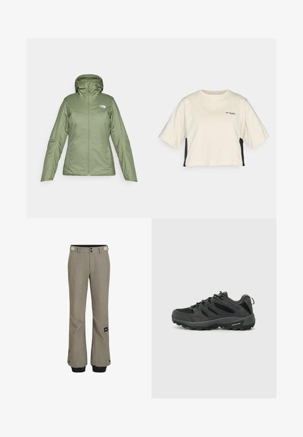 Roheline veekindel jakk, millel on eest tõmblukk, reguleeritav kapuuts ja taskud. Sile kangas kerge läikega. Omaduseks on The North Face logo.; Kreemika värvi lühikeste varrukatega lühikese seljaga T-särk ümmarguse kaelusega, mustade külgpaneelidega; rinnal on väike must logo.; Heled hallid suusapüksid, millel on tekstuuriline viimistlus, mustad elastsed varrukaotsad, kaks nööpi ja külgmine logotempel.; Columbia REDMOND - Matkajalatsid - black/citron haze