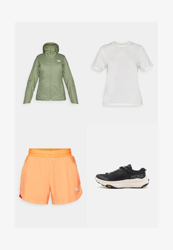 Groene waterdichte jas met een ritssluiting aan de voorkant, verstelbare capuchon en zakken. Glad materiaal met een lichte glans. Voorzien van het logo van The North Face.; Witte sportieve T-shirt met korte mouwen van mesh, met ronde hals en klein "Salomon" logo gecentreerd op de borst.; Oranje shorts met een elastische tailleband, zijzakken en een logo op de onderkant rechts. Ontworpen voor comfort en mobiliteit.; Zwarte sportschoenen met een ademend bovenwerk van mesh, rubberen buitenzool, witte dempende tussenzool en reflecterende veters. Vibram-logo op de buitenzool.