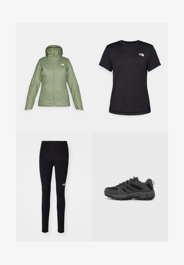 Grøn vandtæt jakke med lynlås foran, justerbar hætte og lommer. Glat stof med let glans. Har The North Face-logo.; The North Face FLEX SHORT SLEEVES TEE - Sports T-shirts - black; The North Face FLEX WARM TIGHT - Tights - black; Columbia REDMOND - Hikingsko - black/citron haze
