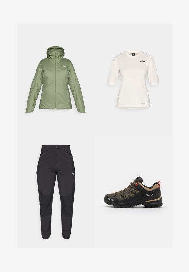 Giacca impermeabile verde con zip frontale, cappuccio regolabile e tasche. Tessuto liscio con una leggera lucentezza. Presenta il logo The North Face.; The North Face SHADOW SHORT SLEEVE - T-Shirt sport - white dune; Pantaloni neri da esterno realizzati in tessuto durevole. Presentano tasche con zip, pannelli rinforzati sulle ginocchia e un design a taglio dritto per la massima mobilità.; Scarpa da trekking nera e marrone con tomaia in mesh, accenti rossi, punta rinforzata e suola in gomma testurizzata per una migliore aderenza.