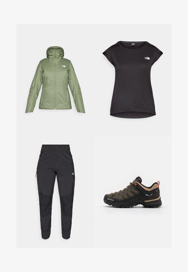 Jachetă impermeabilă verde cu fermoar în față, glugă ajustabilă și buzunare. Material neted cu un ușor luciu. Prezintă logo-ul The North Face.; The North Face TANKEN TANK - Bluză sport - black; Pantaloni de exterior negri, dintr-un material rezistent. Prezintă buzunare cu fermoar, panouri întărite pentru genunchi și un design drept pentru mobilitate.; Pantof dinamic pentru drumeții, de culoare neagră și maro, cu un material superior din plasă, accente roșii, vârf întărit și talpă din cauciuc texturat pentru aderență.