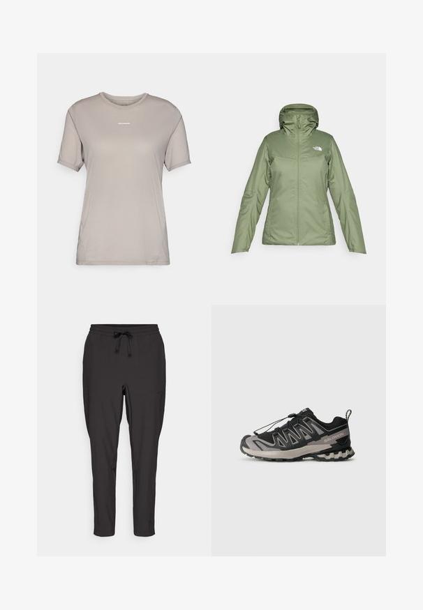 Grønn vanntett jakke med glidelås foran, justerbar hette og lommer. Glatt stoff med en lett glans. Har The North Face-logoen.; Lys grå kortermet t-skjorte laget av teksturert stoff. Har rund hals og en liten hvit logo på brystet.; Sorte joggebukser med elastisk midjebånd, snor detalj og sidelommer. Laget av et glatt, lett stoff.; Svart og grå atletisk sko med mesh-overdel, gummisåle og elastisk snøresystem. Har forsterket tå og teksturerte detaljer.