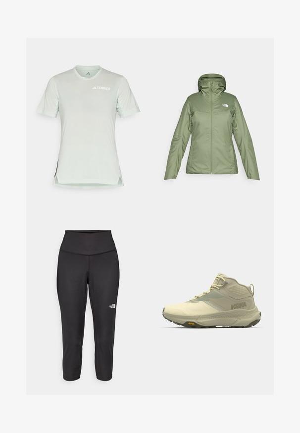 Roheline veekindel jakk, millel on eest tõmblukk, reguleeritav kapuuts ja taskud. Sile kangas kerge läikega. Omaduseks on The North Face logo.; Heled mints roheline lühikeste varrukatega spordipoliis, hingavate võrkkangaste aktsentidega, valge TERREX logo, ümberkaudne kaelus, külje lõhed ja pehme tekstuur.; Mustad mustad capri retuusid on valmistatud elastsetest kangast, millel on kõrge vöökoht ja väike valge logo vasakul küljel. Sile tekstuur.; Hoka matkasaapad heledas beežis, millel on tekstureeritud ülemine osa, paelad ja Vibram välispohjaga. Erakordne külgmine logo ja toetav disain.
