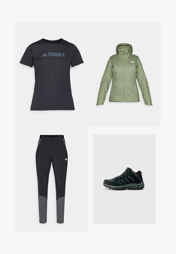 Grön vattentät jacka med dragkedja fram, justerbar huva och fickor. Slätt tyg med en lätt lyster. Har The North Face-logotypen.; Svart kortärmad sporttröja gjord av fukttransporterande material, med rund hals och en stor "TERREX"-logotyp i mörkgrått över bröstet.; Svarta utomhusbyxor med grå detaljer, med en åtsittande design, elastisk midja, dragkedjefickor och hållbart, lätt material.; Columbia REDMOND - Hikingskor - black/citron haze