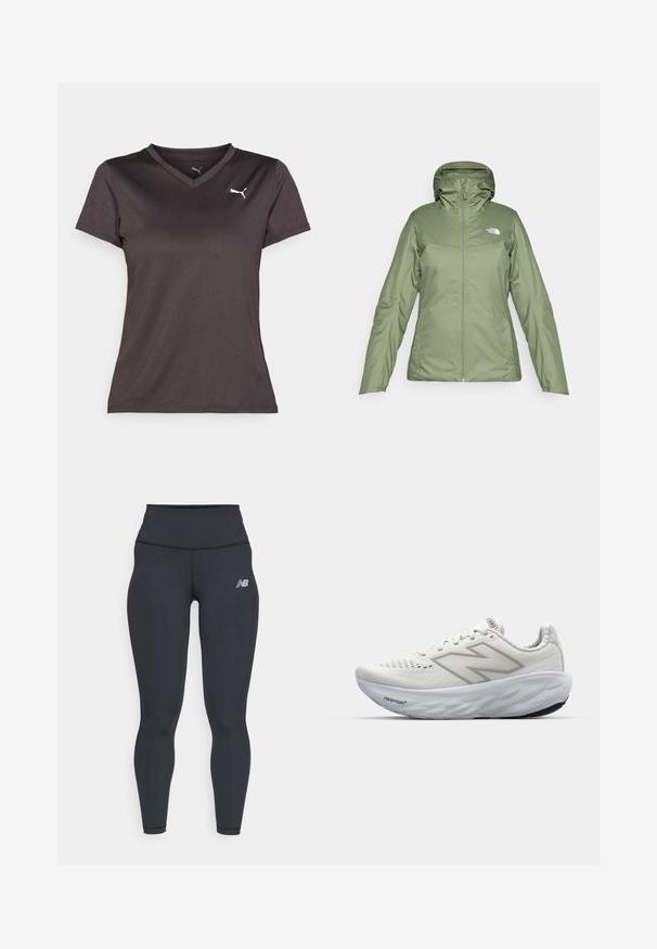 Zielona wodoodporna kurtka z zamkiem z przodu, regulowanym kapturem i kieszeniami. Gładki materiał o lekkim połysku. Posiada logo The North Face.; Czarna koszulka sportowa z dekoltem w serek, krótkimi rękawami i małym białym logo po lewej stronie klatki piersiowej. Wykonana z gładkiego, lekkiego materiału.; Czarne legginsy sportowe z wysokim stanem, o gładkiej fakturze i małym białym logo New Balance na udzie.; Białe buty sportowe z siateczkową cholewką, z wyściełanym kołnierzem, teksturowaną podeszwą i brandingiem "Fresh Foam" na śródpodeszwie.