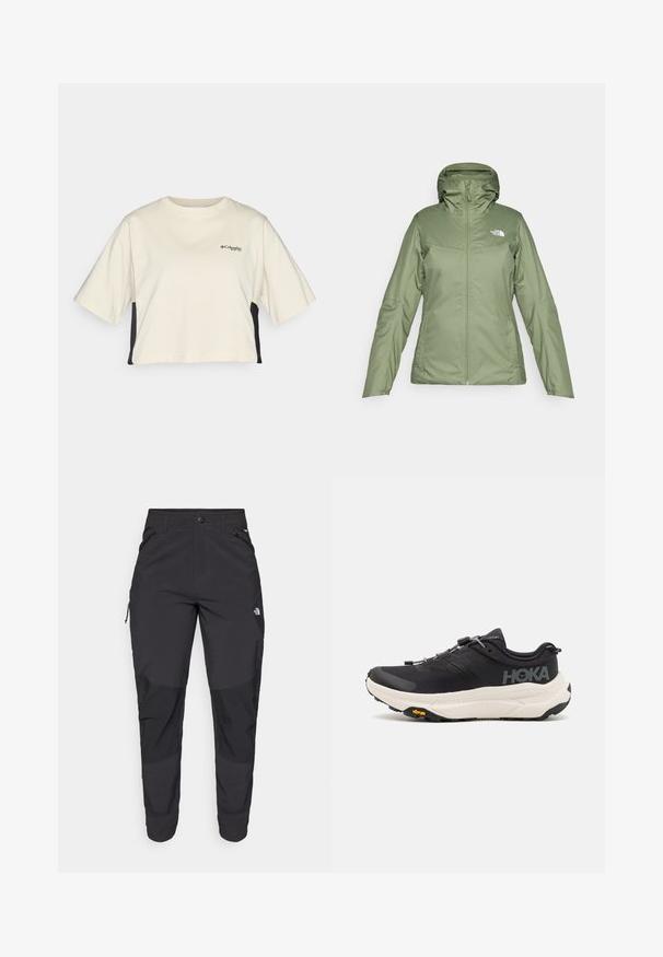 Roheline veekindel jakk, millel on eest tõmblukk, reguleeritav kapuuts ja taskud. Sile kangas kerge läikega. Omaduseks on The North Face logo.; Kreemika värvi lühikeste varrukatega lühikese seljaga T-särk ümmarguse kaelusega, mustade külgpaneelidega; rinnal on väike must logo.; Must black välitingimustes püksid, mis on valmistatud vastupidavast kangast. Omavad lukugaTaskuid, tugevdatud põlvepaneele ja sirget lõiget liikuvuse tagamiseks.; Mustad mustadused spordijalatsid, millel on hingav võrkkangast pealmine osa, kummist välistald, valge pehmendusega vaheosa ja peegeldavad nöörid. Vibrami logo välistalla peal.