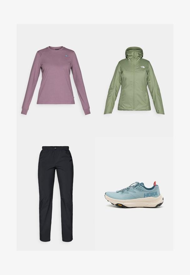 Green waterproof jacket with a zip front, adjustable hood, and pockets. Smooth fabric with a light sheen. Features The North Face logo.; Long-sleeve shirt in muted lavender. Made of soft fabric with a crew neckline, featuring a small blue logo on the chest and fitted sleeves.; Black, lightweight, water-resistant pants with an elastic waistband and two side pockets; smooth texture; straight-leg design.; Light blue running shoe with a textured upper, GORE-TEX label, thick white midsole, and black Vibram outsole. Reflective accents and rear pull tab.