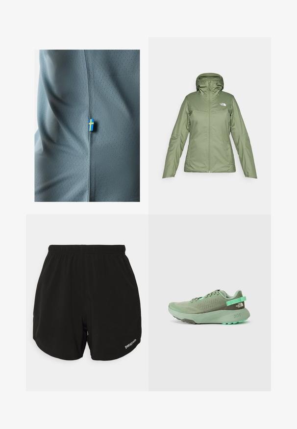 Zielona wodoodporna kurtka z zamkiem z przodu, regulowanym kapturem i kieszeniami. Gładki materiał o lekkim połysku. Posiada logo The North Face.; Szara koszulka sportowa z teksturowanym designem z siatki, z małą niebiesko-żółtą metką z flagą na bocznej szwie.; Czarne spodenki sportowe z elastycznym pasem, z zaokrąglonym dołem, bocznymi kieszeniami i małym białym logo "Patagonia" na dolnym prawym rogu.; Zielone sportowe buty z siateczkową cholewką, teksturowanymi nakładkami i grubą gumową podeszwą. Posiadają pętelkę do zakładania oraz detal z logo na pięcie.