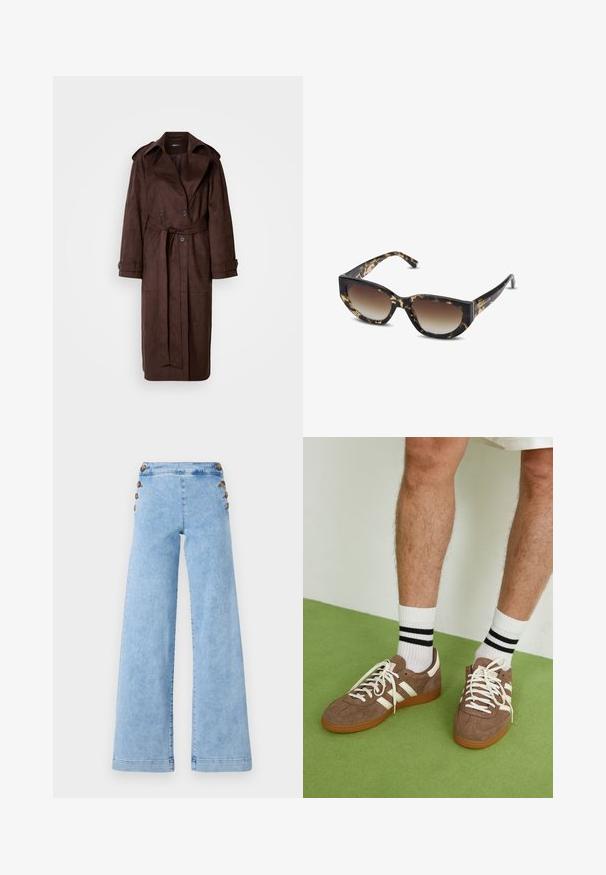 Cappotto trench in suede marrone con un davanti doppiopetto, ampio colletto, vita con cintura e tasche laterali. Presenta polsini con bottoni e una texture liscia.; Maglione a collo alto marrone in morbido tessuto, con un design aderente, collo e polsini a coste e orlo leggermente accorciato.; Jeans ampi in denim azzurro chiaro con vita alta, dotati di dettagli in metallo lungo i lati e una texture liscia, leggermente consumata.; Sneaker in suede marrone con dettagli e lacci bianchi. Suola in gomma color gomma. Indossati con calzini bianchi con righe nere. Pavimento verde texturizzato.; Occhiali da sole tartaruga marroni e neri con forma a gatto angolare, lenti sfumate e montatura spessa. Logo stampato sulle aste.; Borsa intrecciata marrone con una forma morbida, un manico a loop singolo e una superficie testurizzata. Il design presenta uno stile hobo senza accessori aggiuntivi.