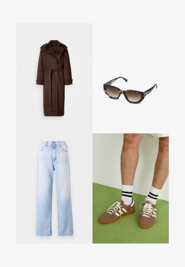 Ruskea samettinen trench-coat, jossa on kaksirivinen etuosa, suuri kaulus, vyötäröltä kiristettävä vyö ja sivutaskut. Varusteena napitettu hihansuu ja sileä pinta.; Ruskea korkea kaulusneule, joka on valmistettu pehmeästä kankaasta. Neuleessa on tiukka malli, ribbikuvioinen kaulus ja hihansuut sekä hieman lyhyempi helma.; Vaalean siniset farkut, joissa on korkea vyötärö, leveät suorat lahkeet ja hieno haalistuma. Varustettu etupainikkeella ja viidellä taskulla.; Ruske nahkate sneakerit valkoisilla korostuksilla ja nauhoilla. Kumi-gumipohja. Yhdistetty valkoisiin sukkiin, joissa on mustia raitoja. Vihreä teksturoitu lattia.; Ruskeija i crne naočale sa mačkastim oblikom, gradijentnim staklima i debelim okvirom. Logo je otisnut na sljepoočnicama.; Ruskea, pehmustettu olkalaukku, jossa on kaareva muotoilu, varustettuna vetoketjulla ja säädettävällä hihnalla monipuolista kantamisvaihtoehtoa varten.