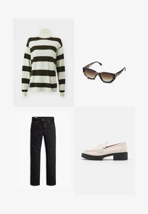 Brun ruskinds trenchcoat med dobbeltknappet front, stor krave, bælte i taljen og sidelommer. Har knapmanchetter og en glat tekstur.; Strikket trøje med brede mørkebrune og lyse grå striber, høj hals design, lange ærmer og blød tekstur.; Sorte denimjeans med lige pasform, fem lomme-design og knaplukning. Har kobbernitter og syningsdetaljer.; Lys beige læder loafers med en syet front og en tekstureret sort platformhæl. Har et buet design og en let hævning.; Brune og sorte skildpaddemønstrede solbriller med vinklet katteøjeform, gradientlinser og tyk ramme. Logo trykt på stængerne.