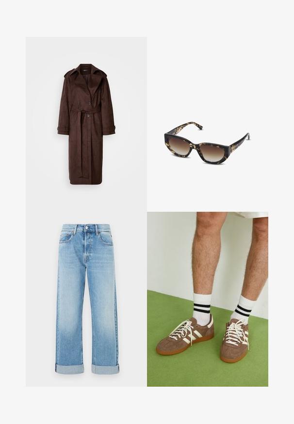 Trench coat marrón de ante con un frente de doble botonadura, gran cuello, cintura ceñida con cinturón y bolsillos laterales. Presenta puños abotonados y una textura suave.; Camisa de mezclilla azul de manga larga con botones a presión, dos bolsillos en el pecho y cuello pointed, extendida sobre un fondo blanco.; Jeans de mezclilla azul claro con corte recto, que cuentan con cinco bolsillos, cierre de botón y puños enrollados en el dobladillo.; Zapatillas de ante marrón con acentos y cordones blancos. Suela de goma color caramelo. Usadas con calcetines blancos con rayas negras. Suelo texturizado verde.; Gafas de sol en carey marrón y negro con forma angular de ojo de gato, lentes degradados y marco grueso. Logo impreso en las patillas.